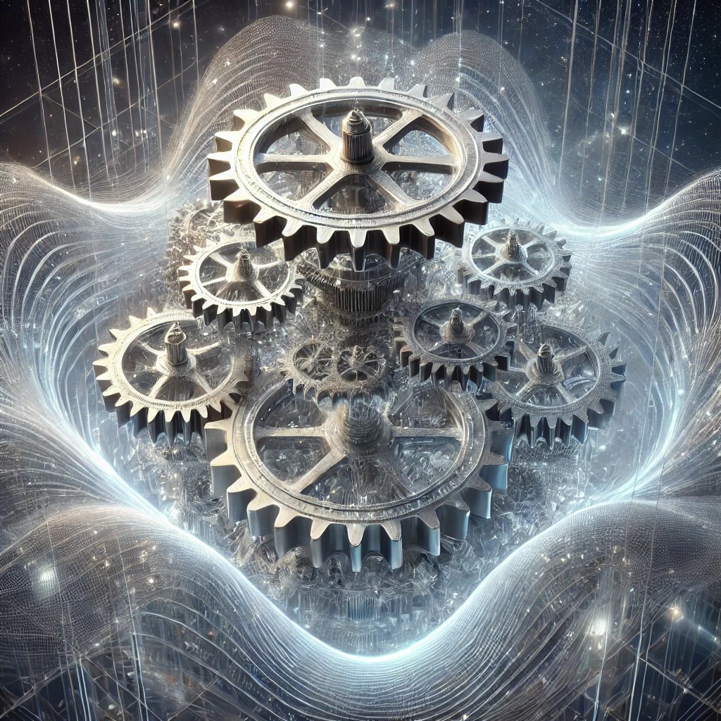 
			
				light-woven crystal gears, resembling an ethereal mithril-like structure. 
				These gears integrate seamlessly into the waal knot energy lattice, highlighting the dynamic interplay between mechanical and energy systems.
				
			