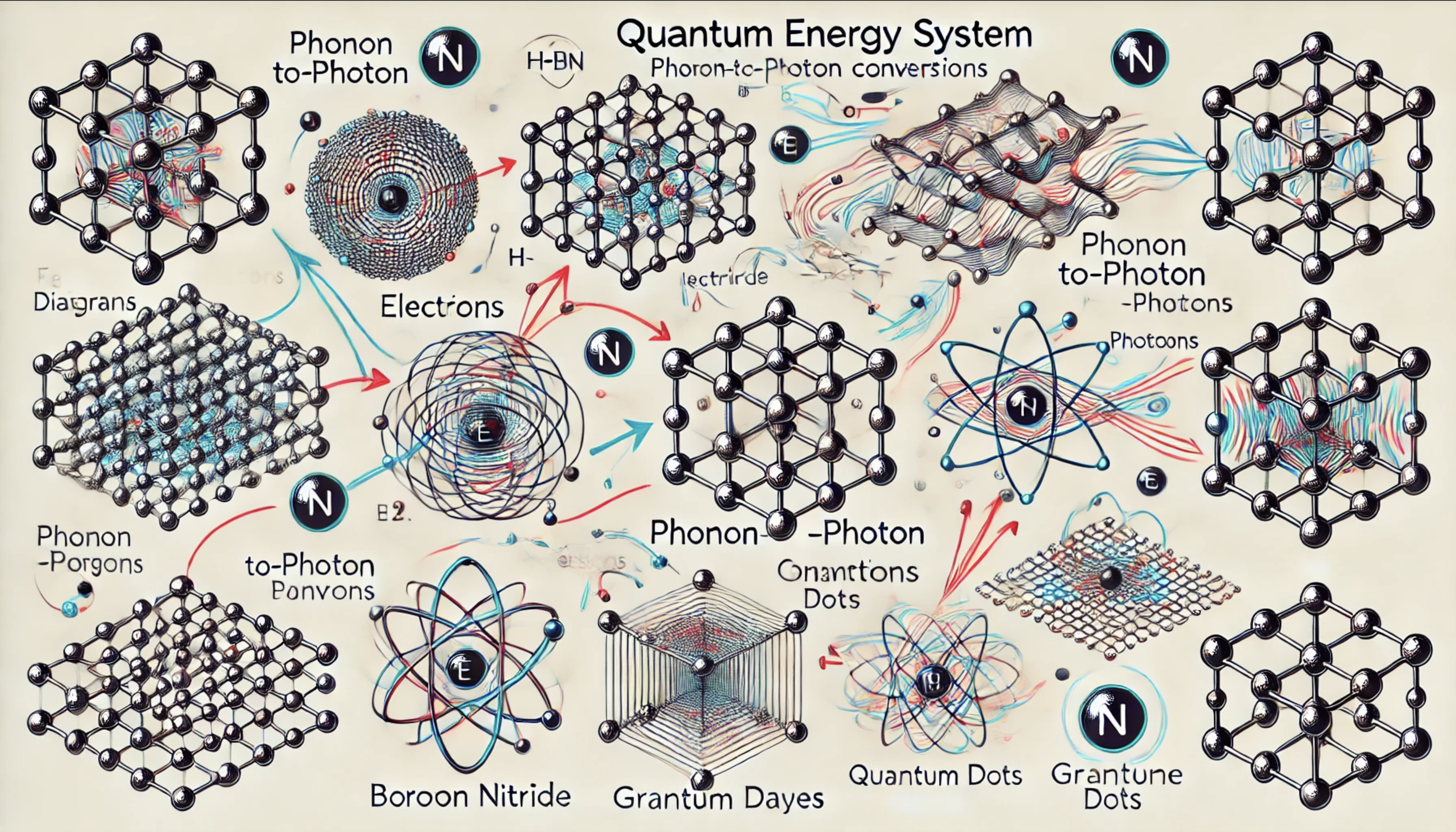 
				simplified Feynman diagrams capturing the essence of energy interactions in the quantum energy system. 
				It represents the phonon-to-photon conversions, with distinctions between fermions (straight paths) and bosons (wavy paths), showcasing interactions across h-BN lattices, graphene planes, and quantum dots. 
				
				