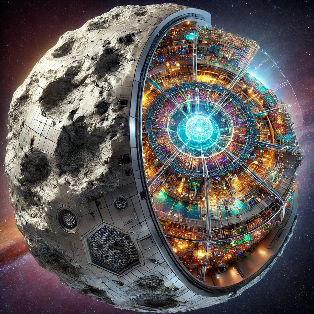 
			
				A metallic comet repurposed into a holistic vessel, showcasing one quadrant cut away to reveal its vibrant interior. 
				The exterior reflects the comet’s rugged metallic nature, while the interior is a dynamic hub with glowing energy conduits, interconnected habitats, and bustling trade routes. 
				
			