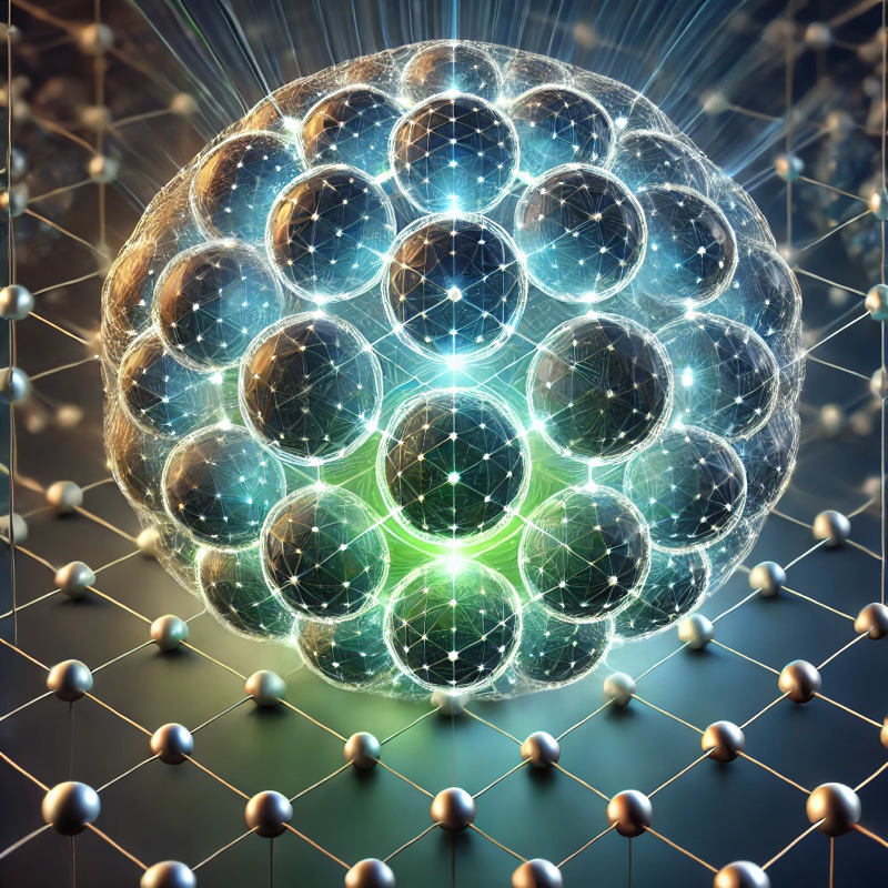 
			llustration showcasing a factorial 3D energy system with glowing depth charge spheres. 
				
			The interconnected energy grid wraps the spheres, creating a dynamic lattice with intricate holographic displays of internal matter and a striking sense of dimensionality.
			