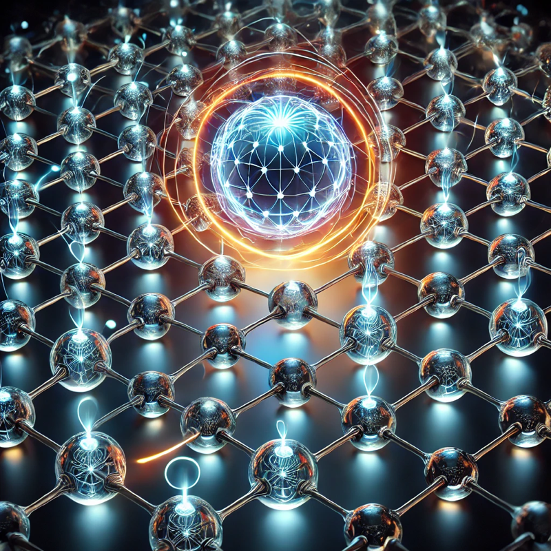 
			Illustration featuring a uniform crystal molecular grid integrated with the rotating energy sphere. 
				
			The grid now has symmetrical crystalline nodes and pathways, directing energy into the sphere and connecting to smaller acute energy spheres via depth charge pathways.