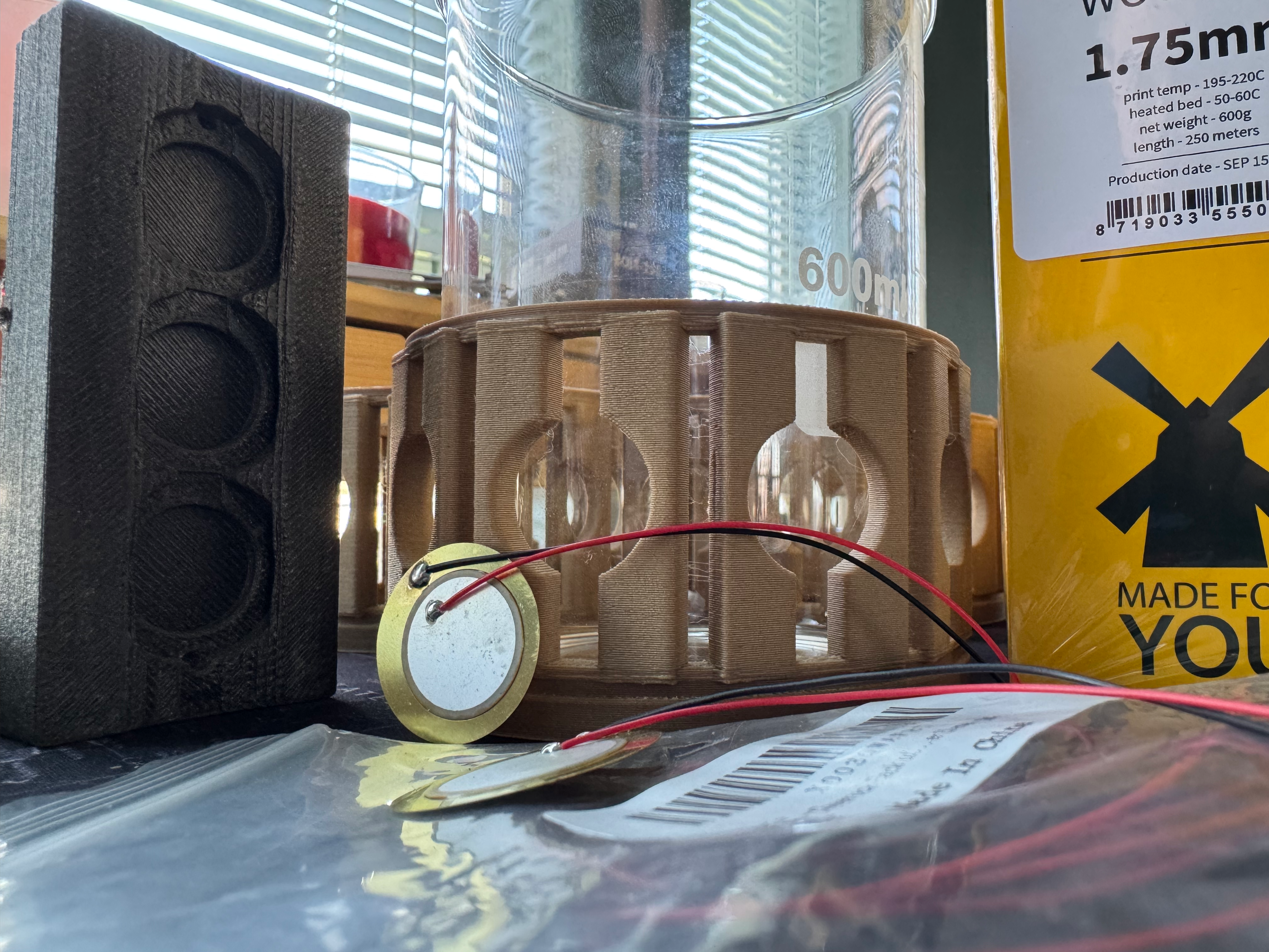 Reference Plane vortex cycles, speaker boxes near borosilicate beaker with piezoeletric pads that can fit into the 3D printed wood impermeated poly structures for temporal threading reasons.